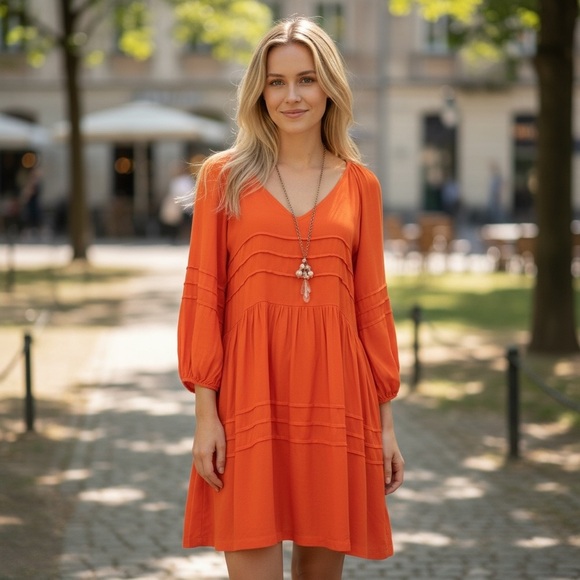 Shinestar Orange Babydoll Mini Dress M NWT Open Back Long Sleeve Boho Fall Style - Picture 11 of 11